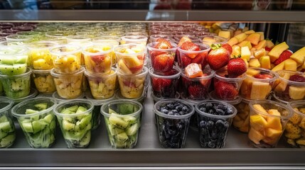 Fresh fruit cups displayed at a market stall colorful assortment vibrant environment captivating viewpoint