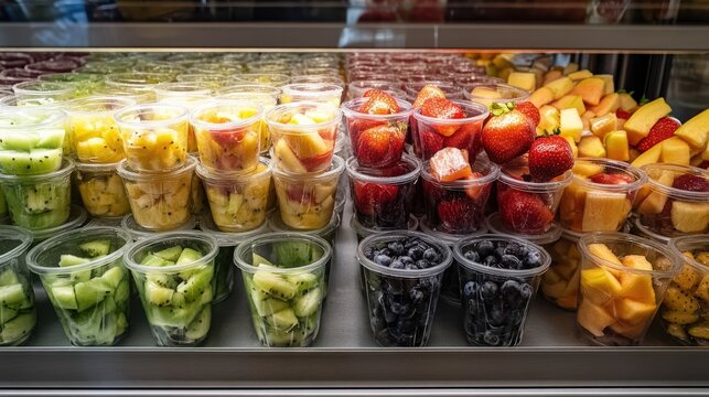 Fresh fruit cups displayed at a market stall colorful assortment vibrant environment captivating viewpoint