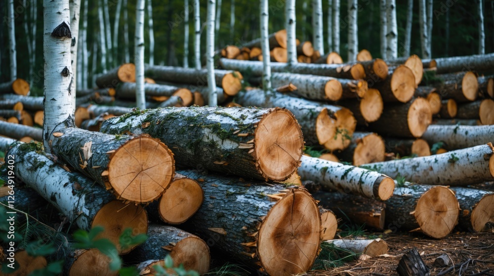 Aufkleber Stacked logs in a forest clearing surrounded by birch trees showcasing cross sections of cut timber with visible tree rings and natural textures Copy Space