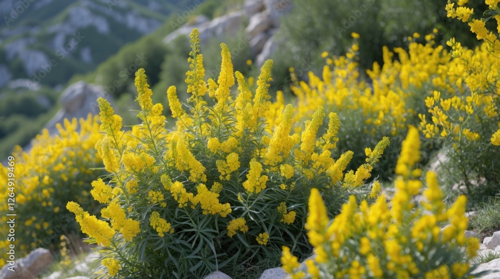 Poster vibrant yellow flowering plants in a mountainous landscape during daylight with soft focus effect an