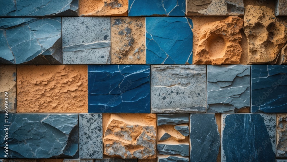 Aufkleber Colored stone wall texture with various shades of blue and orange in a patterned arrangement ideal for background use and design projects Copy Space