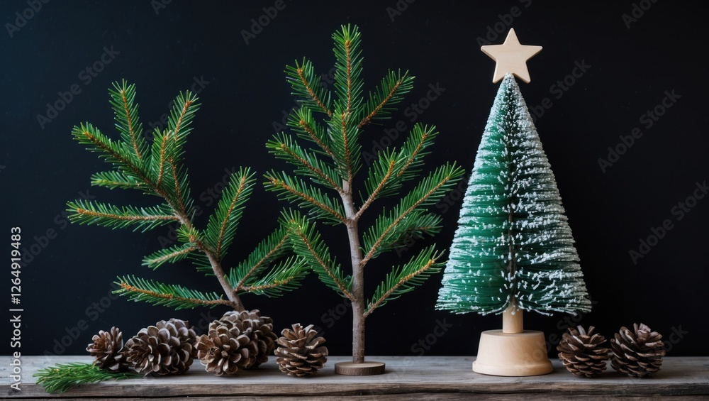 Poster decorative christmas trees and pine cones arranged on wooden surface against black background with c