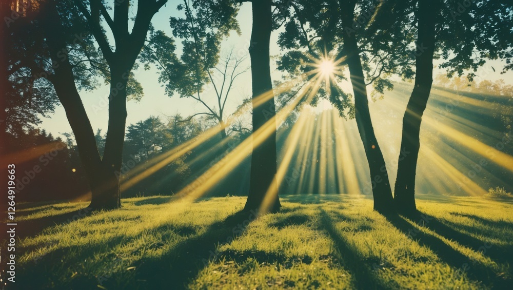 Aufkleber Sunlight filtering through trees creating rays and shadows on green grass landscape in a serene park setting with Copy Space