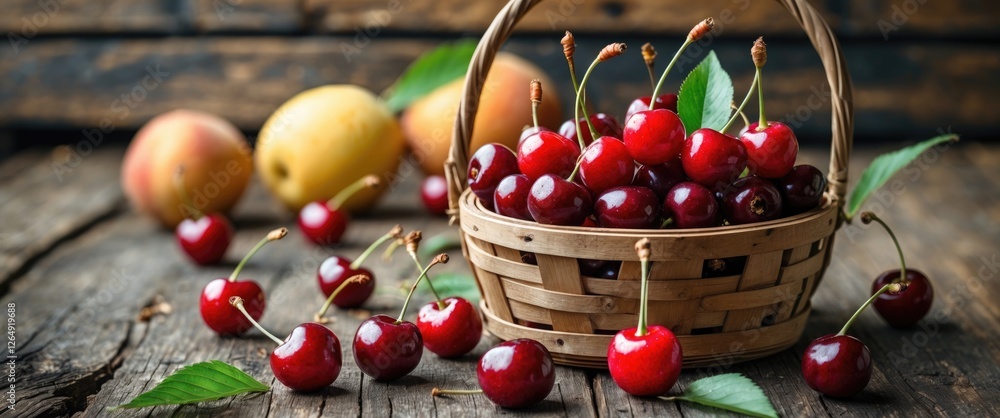 Poster fresh cherries in a wicker basket on a rustic wooden table with apples and leaves, vibrant colors an
