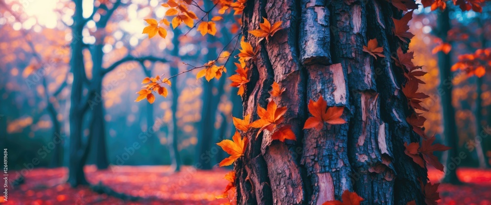 Poster autumn forest scene with vibrant orange leaves on tree trunk and ground covered with fallen foliage 