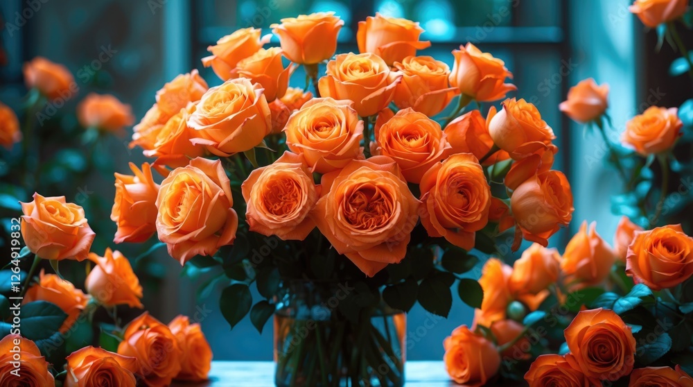 Poster vibrant bouquet of orange roses in a clear vase with soft background and green leaves detailed with 