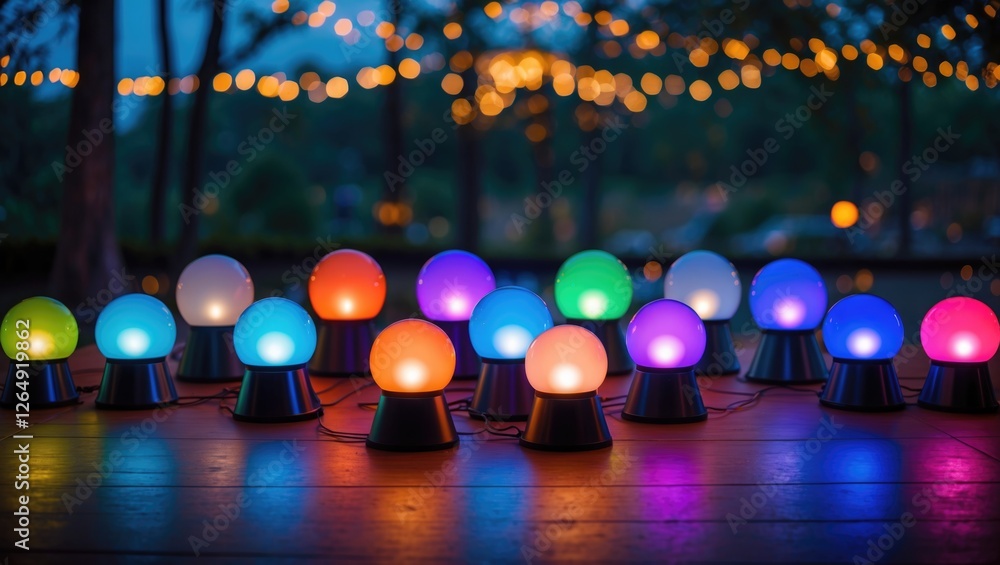 Poster colorful decorative led lights arranged on wooden surface with blurred background and bokeh effect a