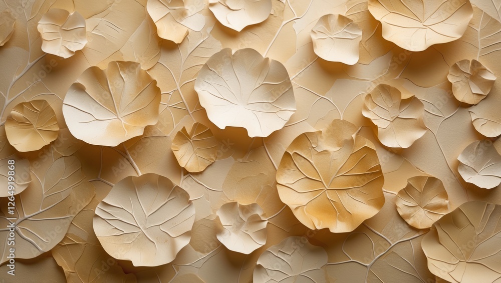 Poster textured wall art composition featuring three-dimensional paper leaves in neutral tones on a light b
