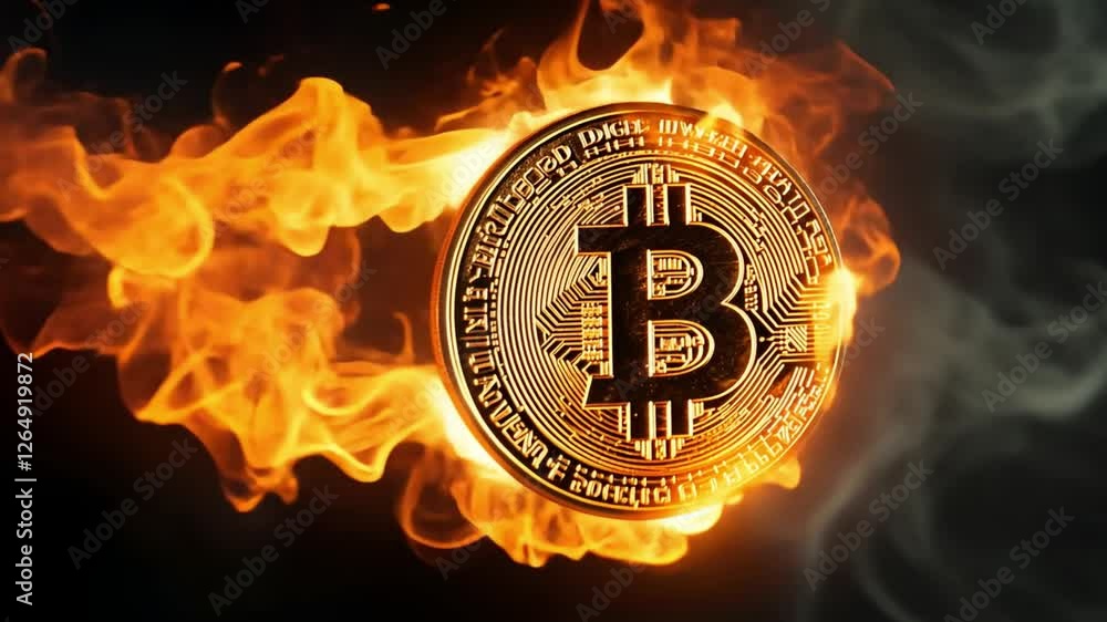 Poster dynamic representation of bitcoin surrounded by flames in high-resolution video