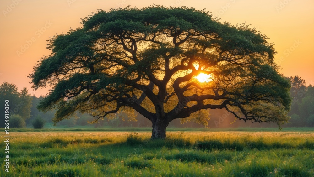 Poster lone large tree with intricate branches silhouetted against a sunset sky in a grassy field copy spac