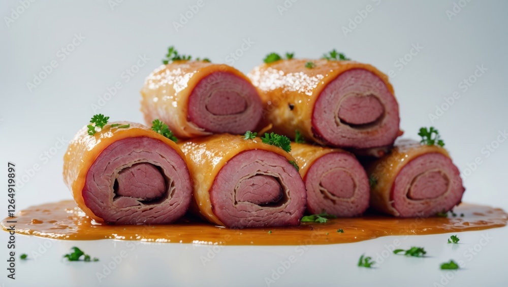 Poster Cooked meat rolls with visible layers and garnished with parsley on a plate with sauce and white background Copy Space