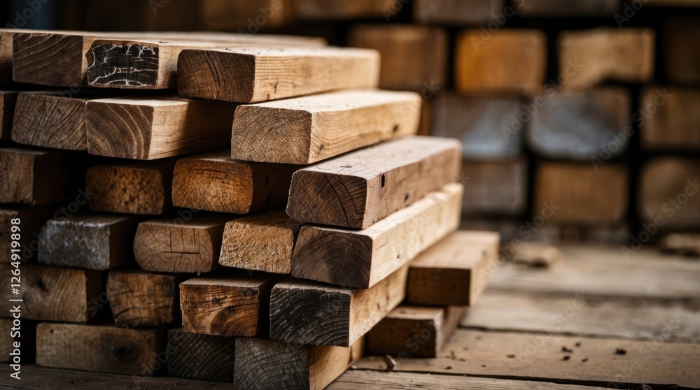 Poster stacks of raw wooden planks in a warehouse with a rustic background and natural lighting providing a