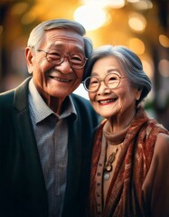 Obraz premium A potrait of happy asian elderly couple smiling together at home with their daughter, showing love and affection, creating a joyful family moment