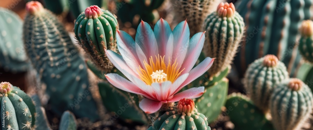 Poster cactus plants with vibrant pink and yellow flower blooming in natural setting close up with blurred 