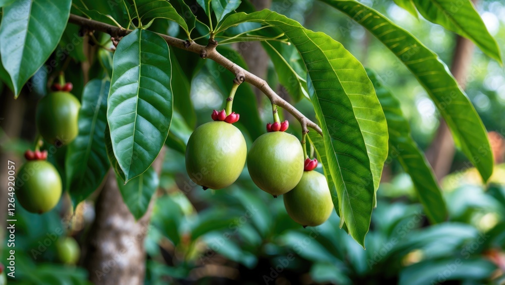 Poster green fruits hanging on a tree branch with large glossy leaves and a blurred tropical background cop
