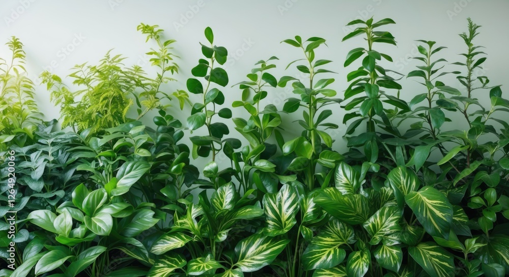 Poster lush green indoor plants with varied foliage against a light background providing copy space for tex