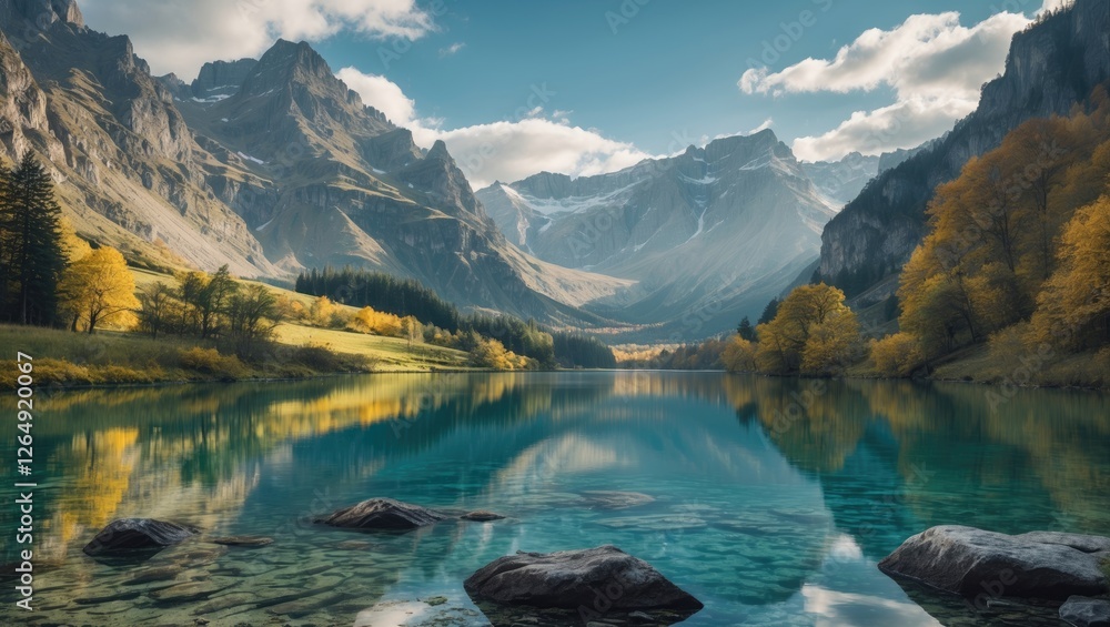 Poster mountain landscape with clear lake surrounded by trees and rugged mountains under a blue sky with cl