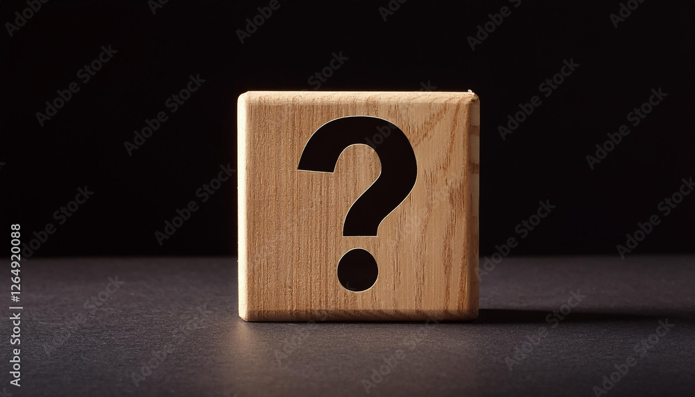 Poster wooden cube with question mark against black background. faq and qa. problem solution.