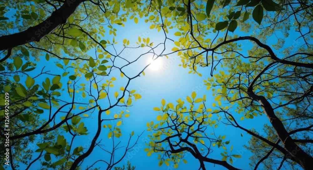 Poster sunlight filtering through tree canopy with bright green leaves against a clear blue sky copy space