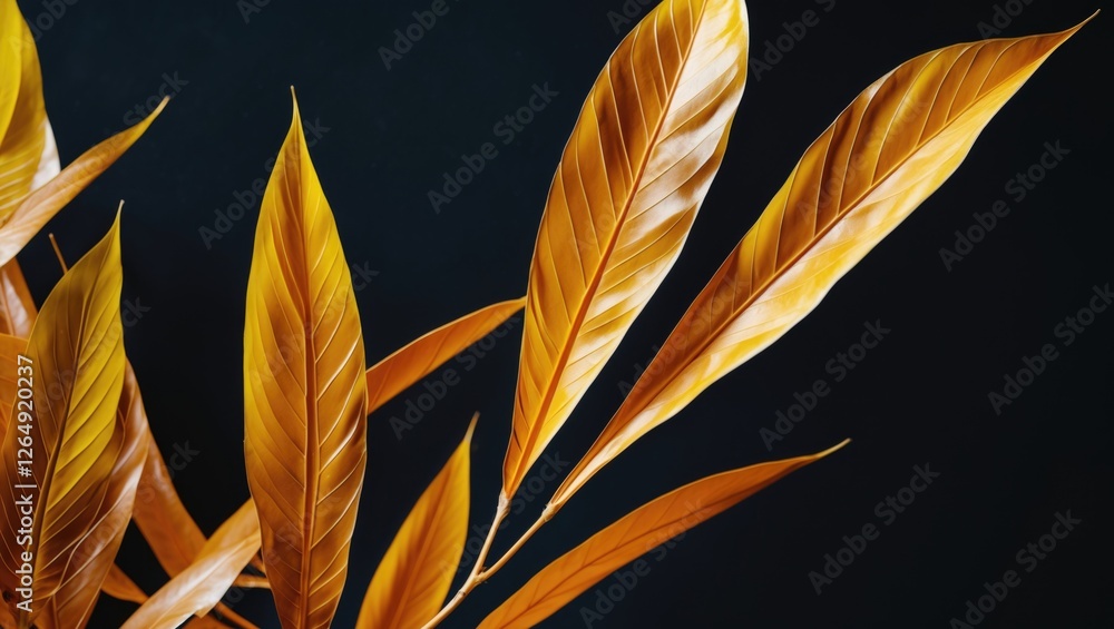 Aufkleber Golden tropical leaves against a dark background showcasing intricate textures and patterns with ample copy space.