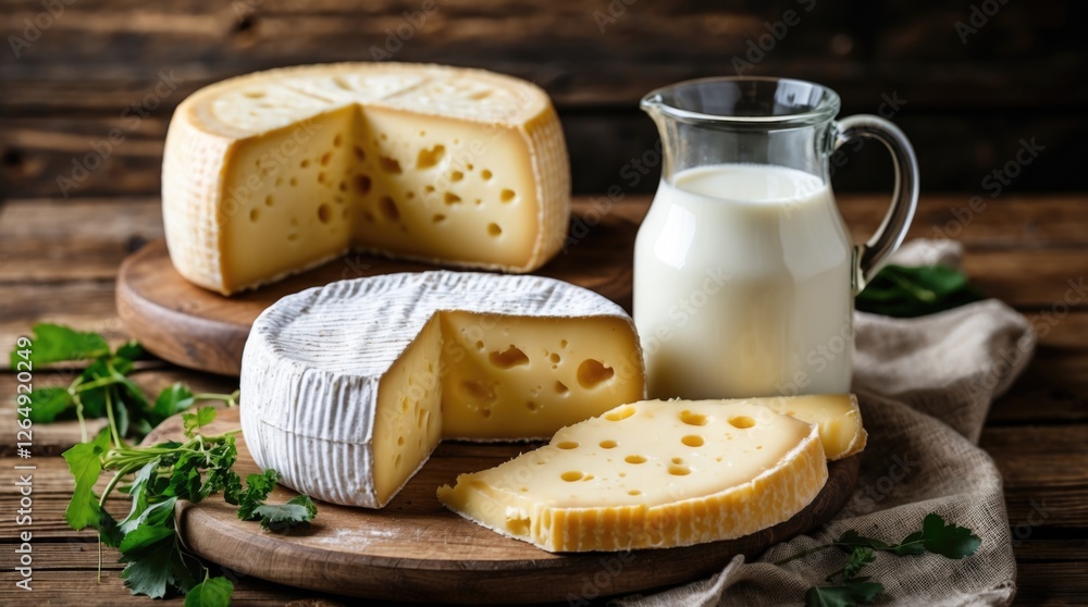 Poster assorted cheese varieties on wooden cutting boards with milk jug and fresh herbs on a rustic table c