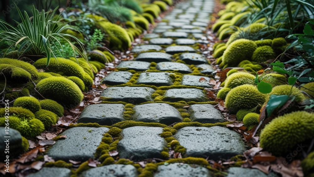 Poster stone pathway surrounded by lush green moss and grass in a tranquil garden setting with natural ligh