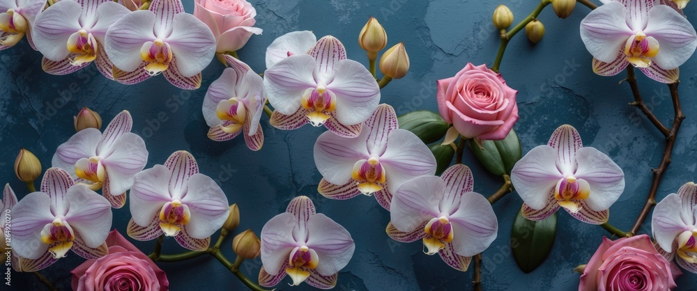 Poster orchids and pink roses arrangement on textured blue background with green leaves and buds providing 