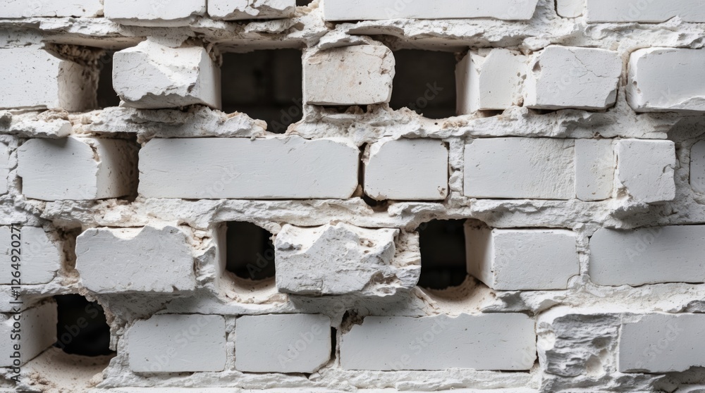 Poster white brick wall with damaged sections and exposed areas showing texture and wear, suitable for back