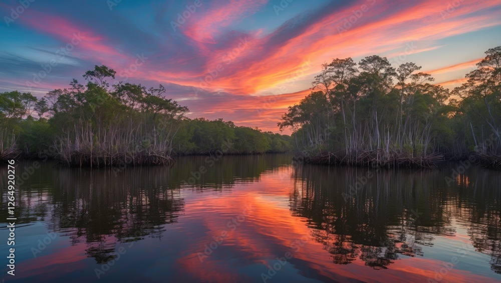 Poster Sunset reflection on calm river with mangroves under colorful sky and vibrant clouds creating serene landscape with Copy Space