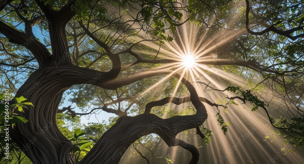 Aufkleber Sunlight filtering through tree branches with rays creating a starburst effect in a forest setting with lush green foliage Copy Space