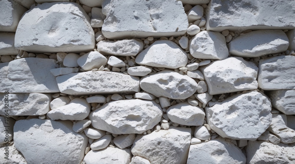 Poster white stone wall texture with various shapes and sizes of rocks and pebbles in bright sunlight, suit