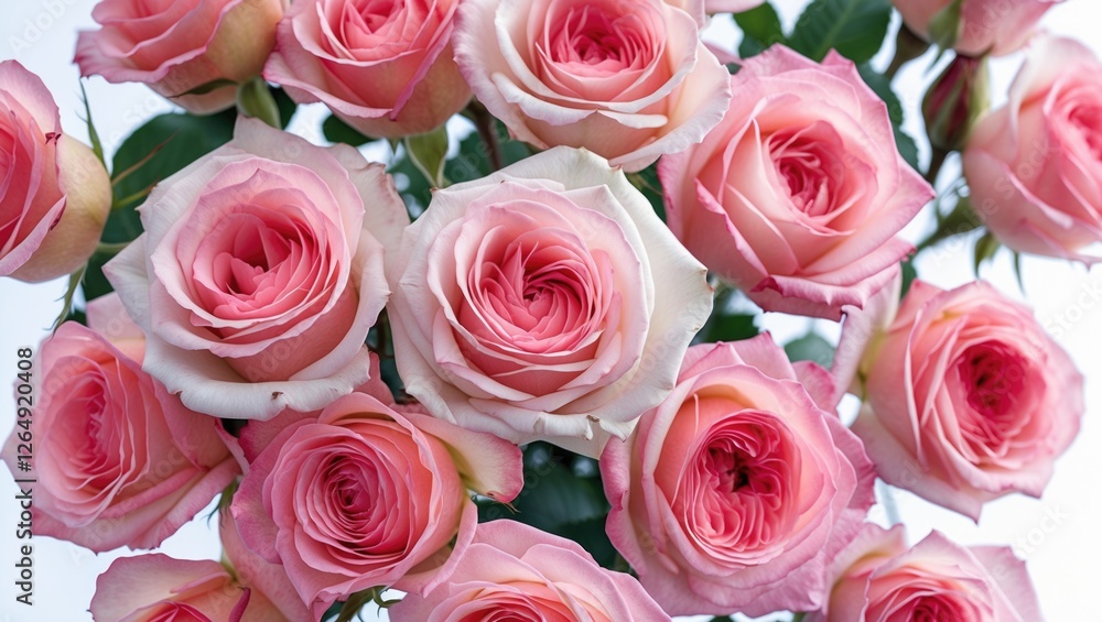 Poster bouquet of delicate pink roses with multiple layers of petals and green foliage on a light backgroun