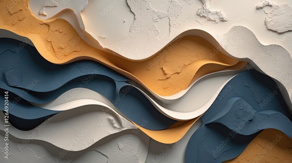 Aufkleber Abstract textured background with layered wavy patterns in blue orange and white colors featuring depth and shadows Copy Space