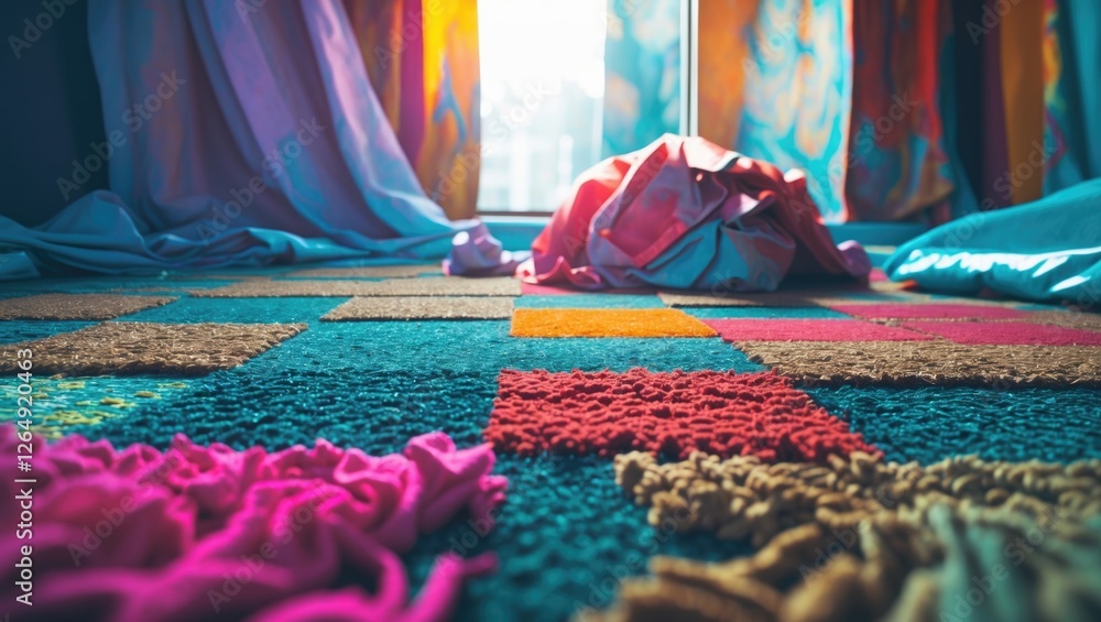 Poster colorful textured carpet with vibrant drapes and soft fabric in a well-lit room interior showcasing 