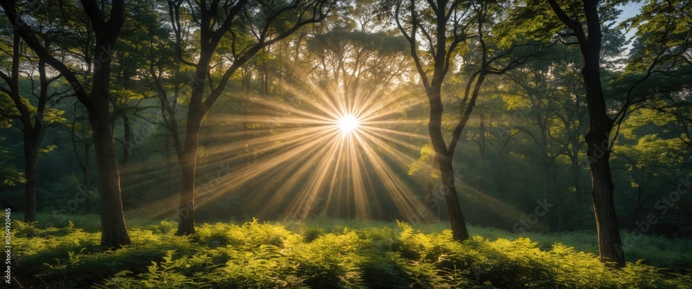 Poster Forest landscape with sunlight rays penetrating trees creating dramatic shadows and vibrant greenery Copy Space