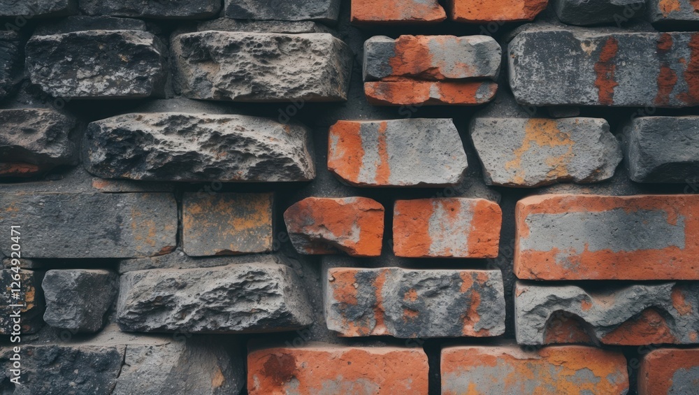 Poster textured brick wall with various shades of gray and red bricks, showcasing a mixture of rough and sm