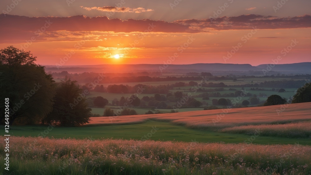 Aufkleber Sunset over lush green rolling hills with open fields and distant mountains under a colorful sky during twilight hours Copy Space
