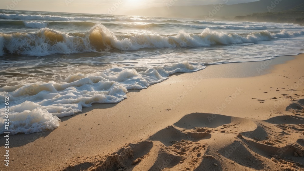 Poster sunset over ocean waves crashing on sandy beach with footprints in the sand and gentle shoreline cop