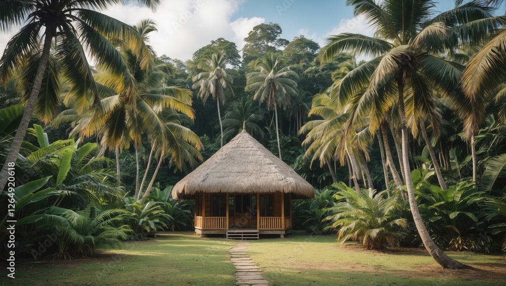 Poster thatched roof tropical bungalow surrounded by lush palm trees and dense greenery in a serene natural