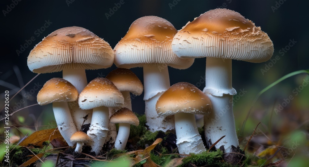 Poster Group of wild mushrooms with caps displaying brown and beige colors in a forest setting with green foliage Copy Space