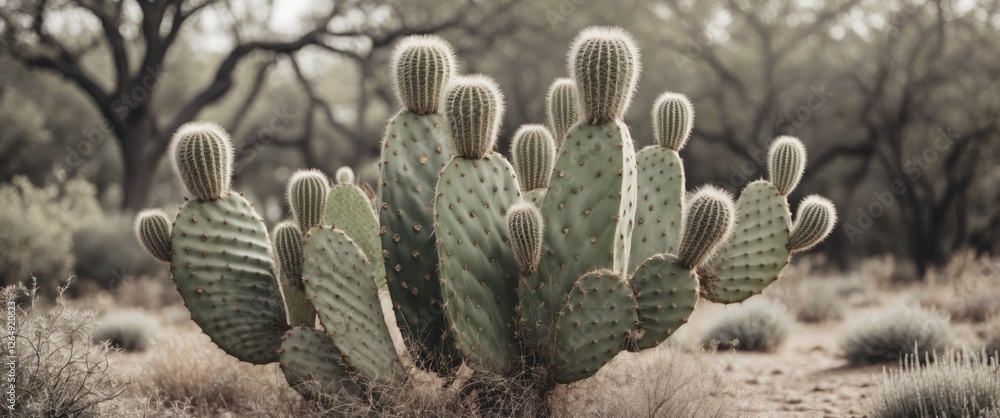 Poster cactus plant group with round tops in desert landscape with soft focus background and natural lighti