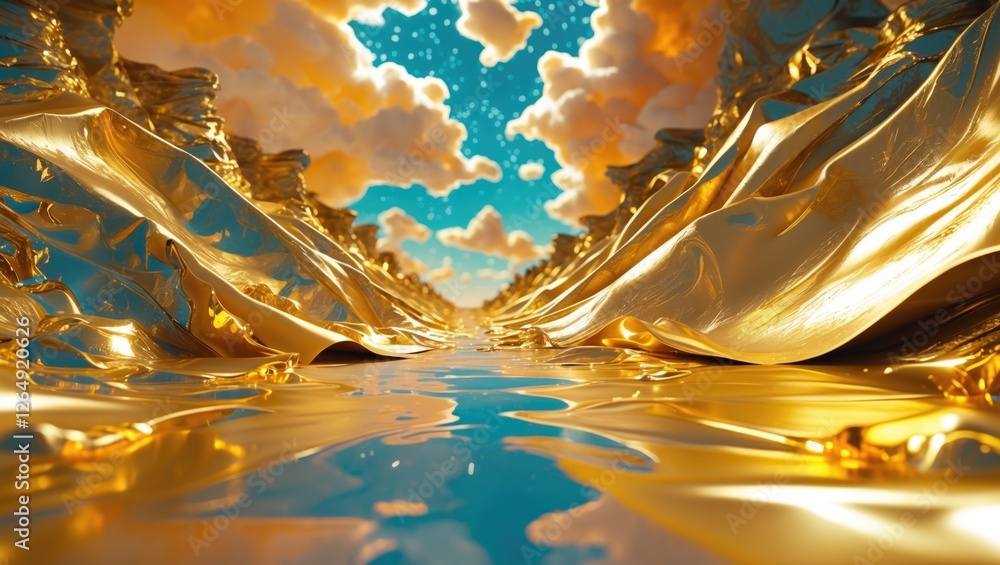 Poster abstract landscape with metallic golden fabric textures reflecting on water under a blue sky with fl