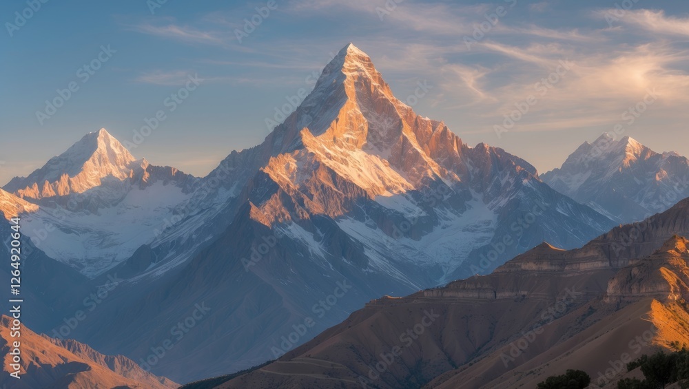 Poster majestic snow-capped mountain peaks under a clear sky at sunset with valley in the foreground and co