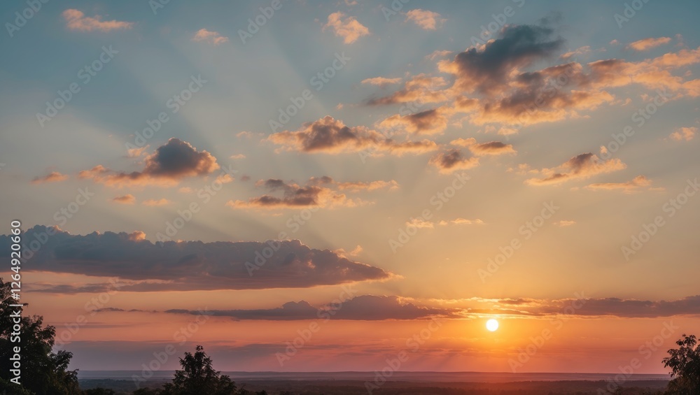 Aufkleber Sunset over a landscape with colorful sky and clouds displaying rays of light Copy Space