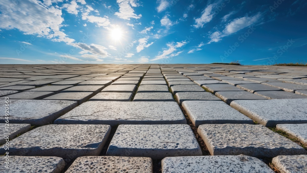 Poster cobblestone pavement under clear blue sky with clouds and sun illuminating the landscape ideal for n