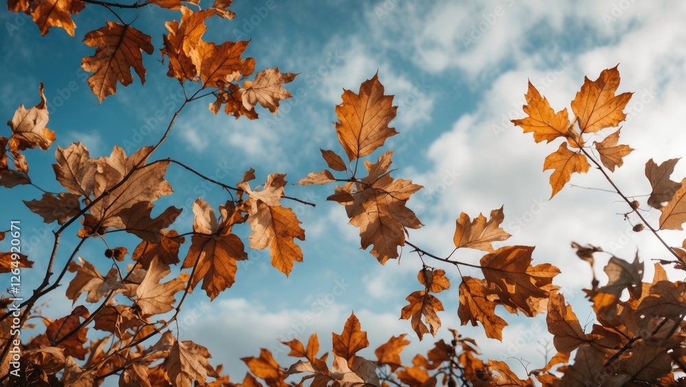 Poster autumn leaves with orange hues against a cloudy blue sky in a nature setting with copy space