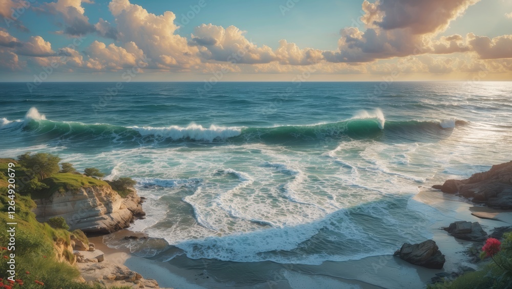Poster coastal landscape with waves crashing on rocks during sunset featuring lush greenery and clouds in t