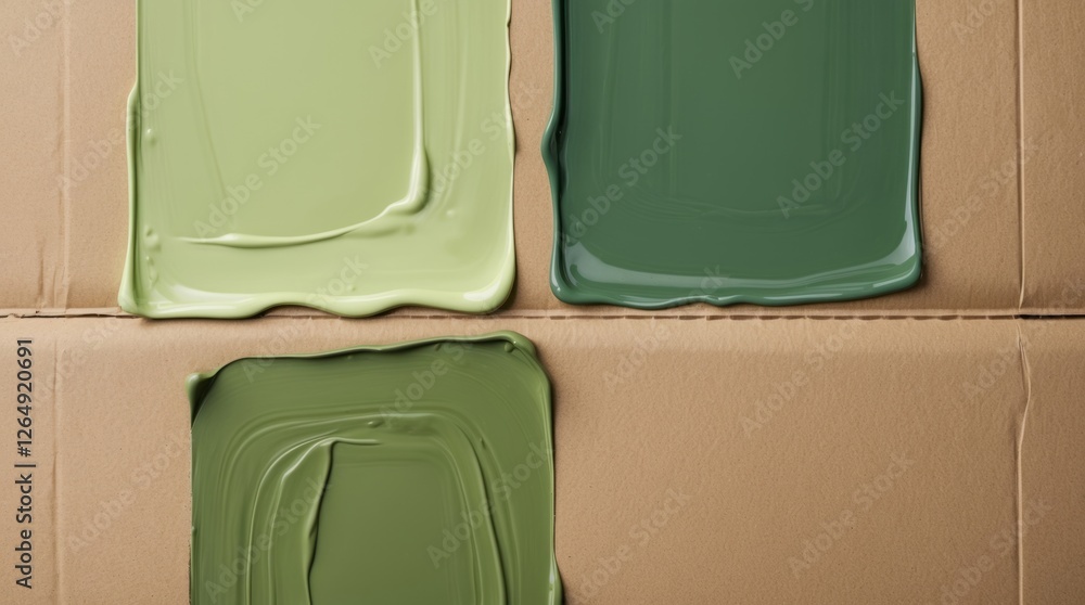 Poster green paint swatches on cardboard background showcasing different shades of green with copy space fo