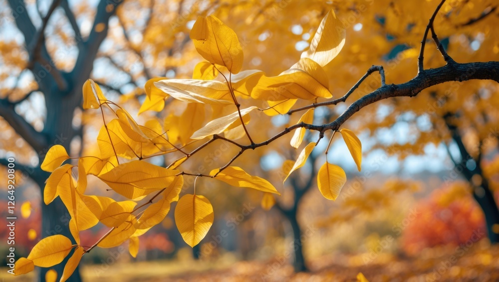 Poster bright yellow autumn leaves on a tree branch against a blurred background of colorful fall foliage c