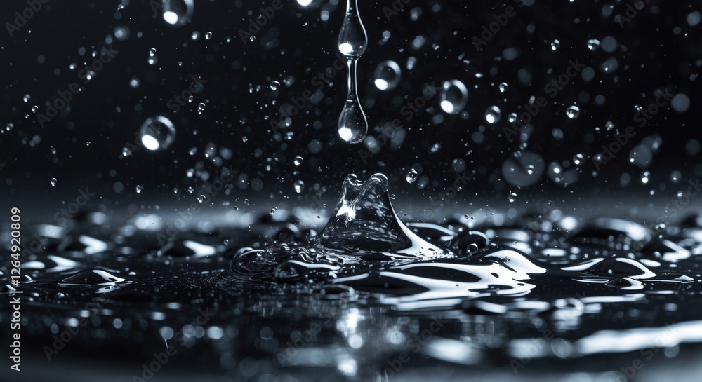 Aufkleber Water droplets splashing in dark background creating waves and bubbles with high detail and contrast Copy Space